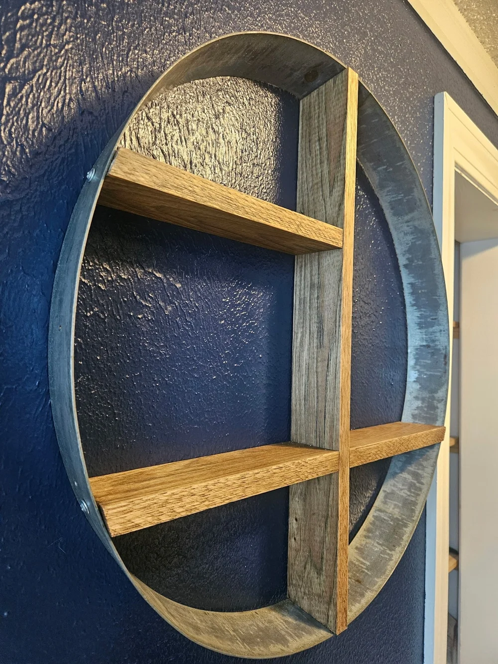 Handmade Round Wood and Metal Wall Shelf